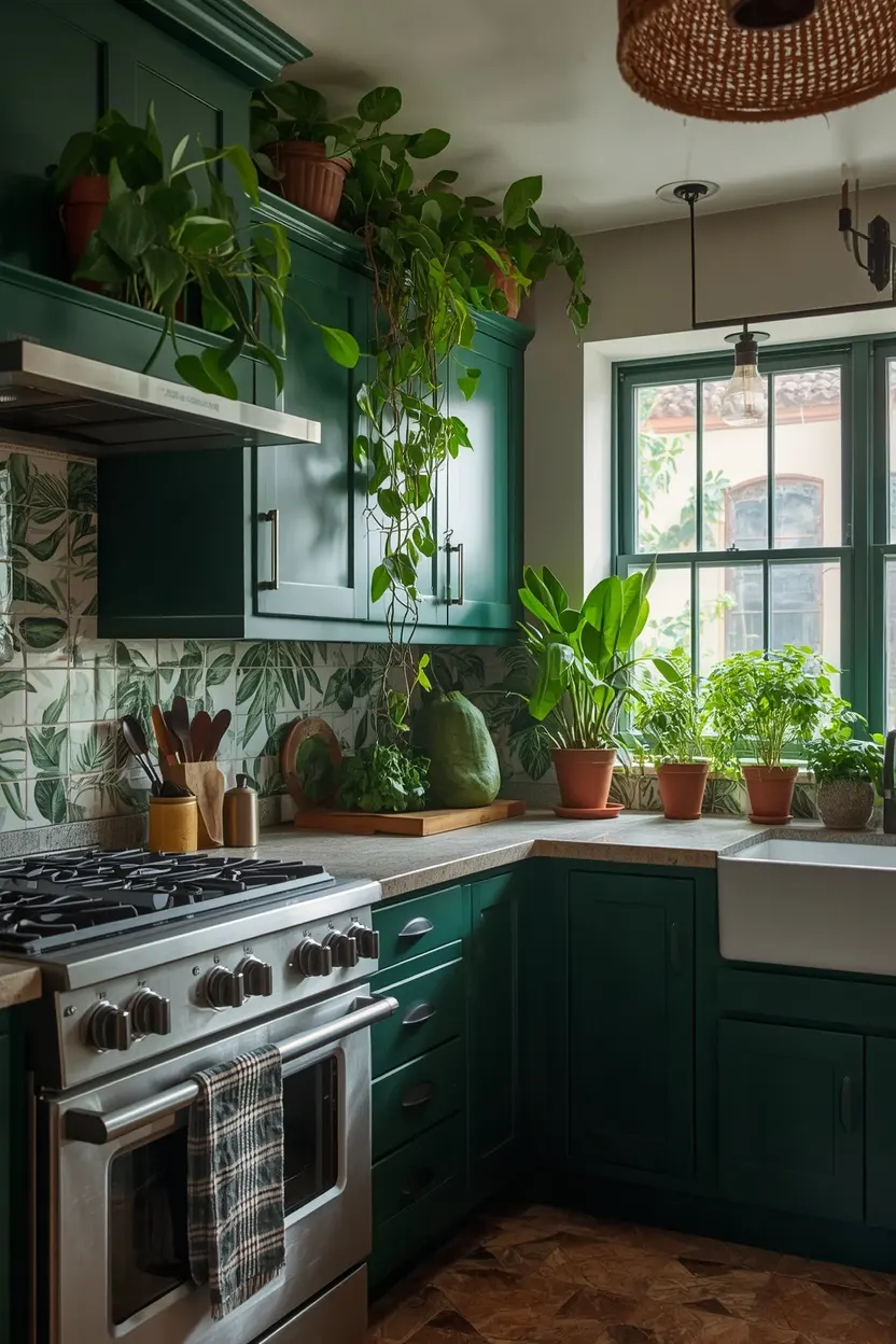 jungle inspired green kitchen with plants and botanical prints lush green kitchen design ideas