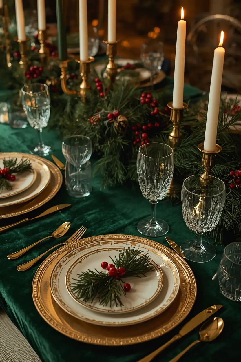 luxe holiday table settings ideas with gold charger plates deep green tablecloth crystal glasses and fresh pine centerpiece