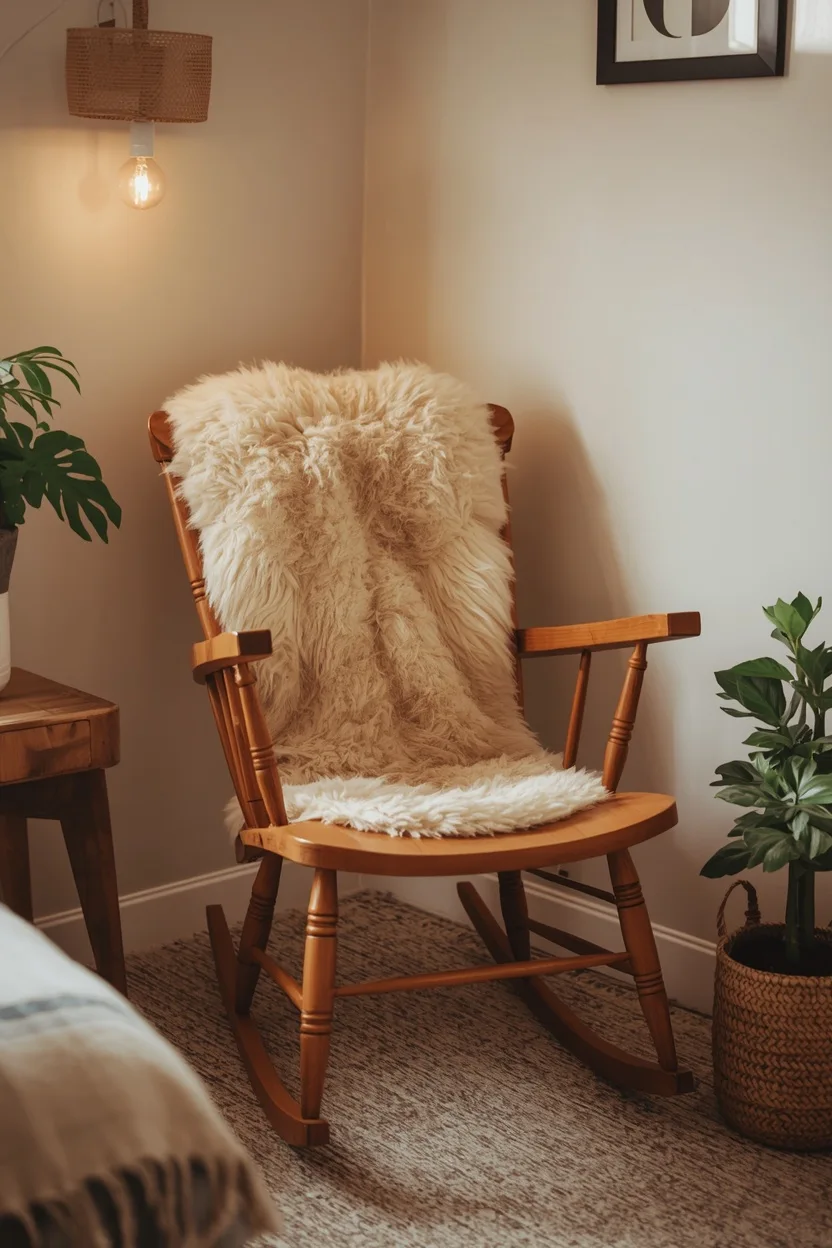 mid century wooden rocking chair with sheepskin throw in a dorm room corner as an unexpected and charming dorm room chair idea