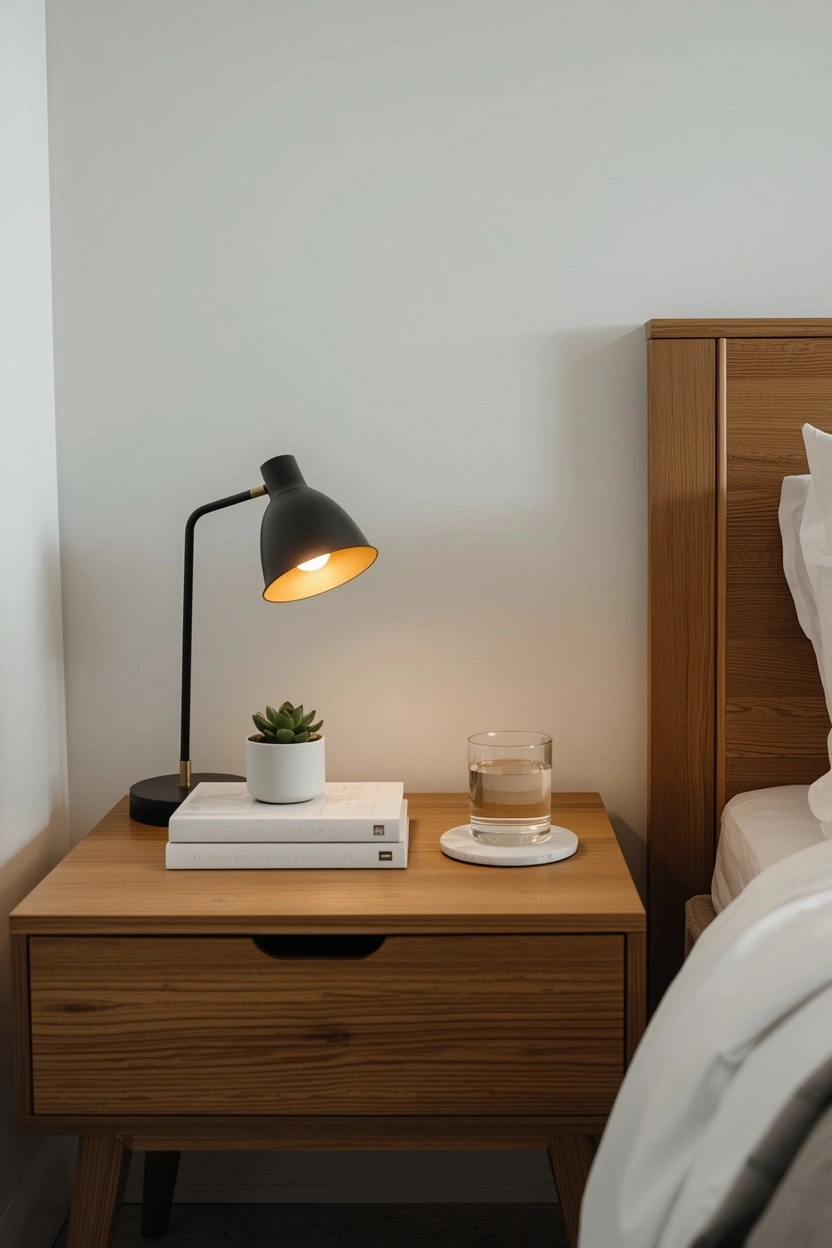 minimally styled wooden nightstand with lamp books and succulent home bedroom refresh ideas