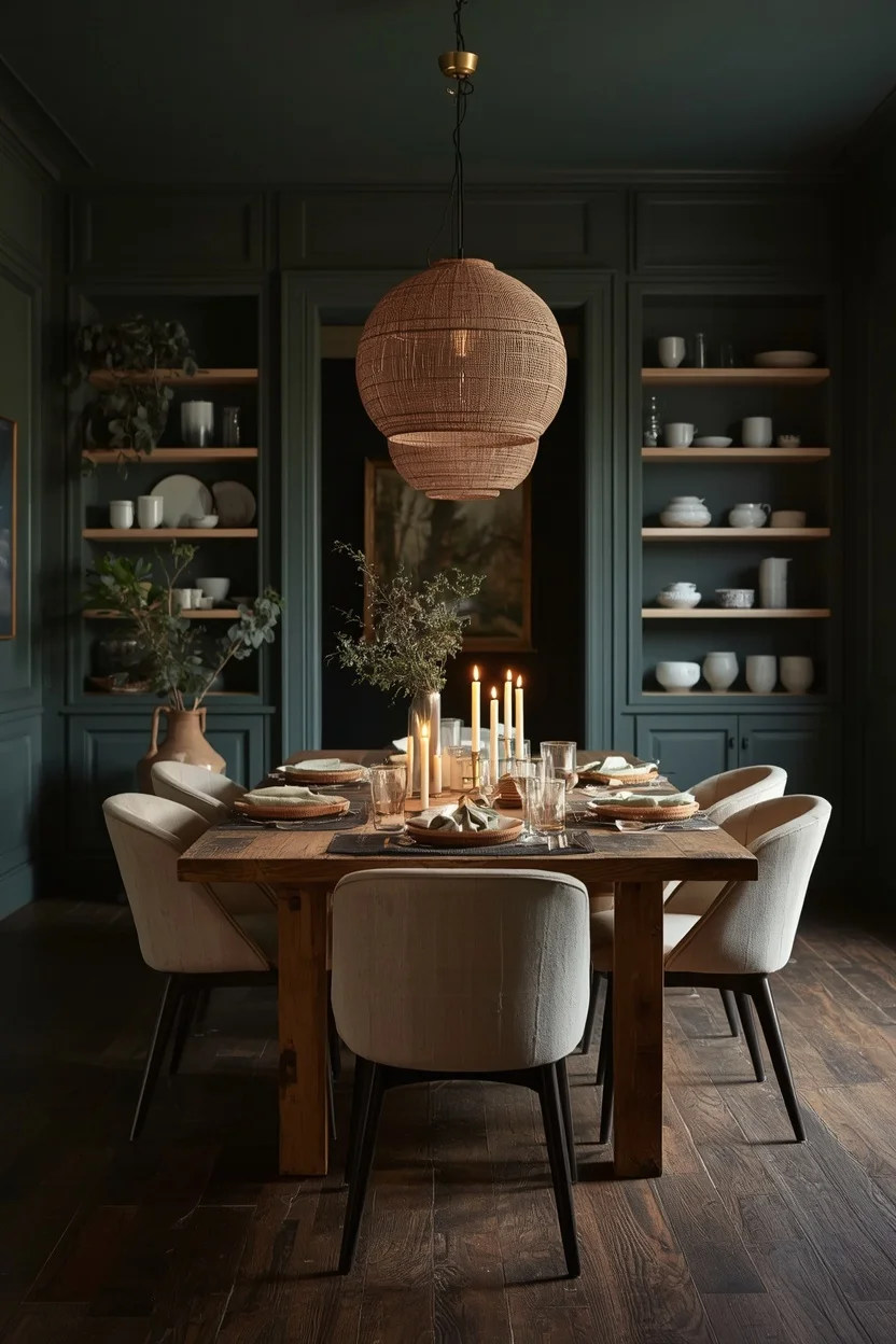modern farmhouse dining room ideas with dark moody sage greemodern farmhouse dining room ideas with dark moody sage green walls and warm brass lighting
