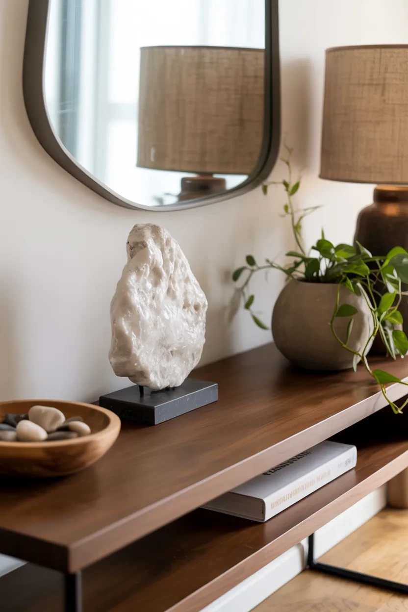 modern organic walnut small console table with quartz stone accent and linen lamp in styled entryway