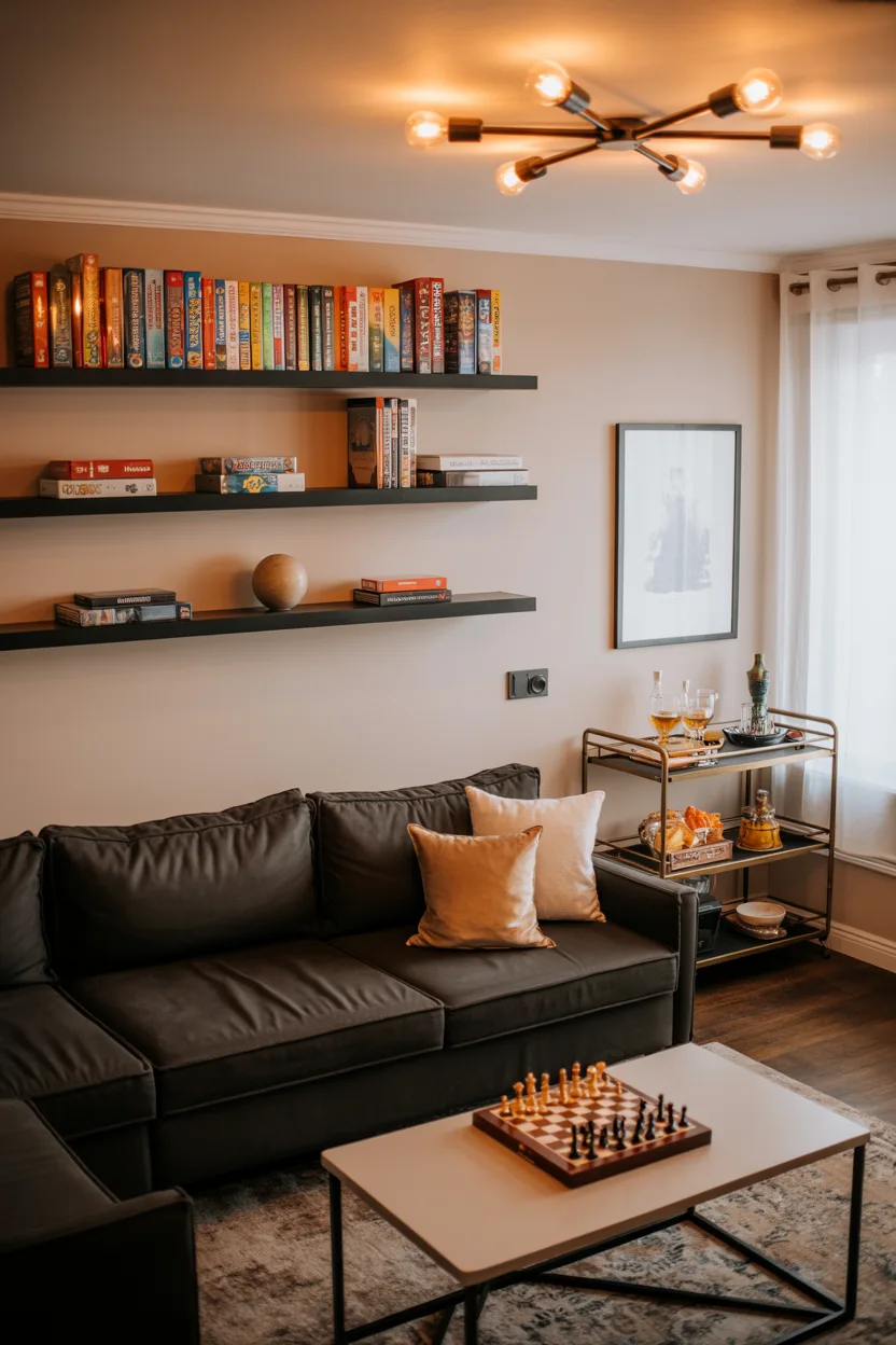 multipurpose game room family room ideas with board game display and sectional sofa