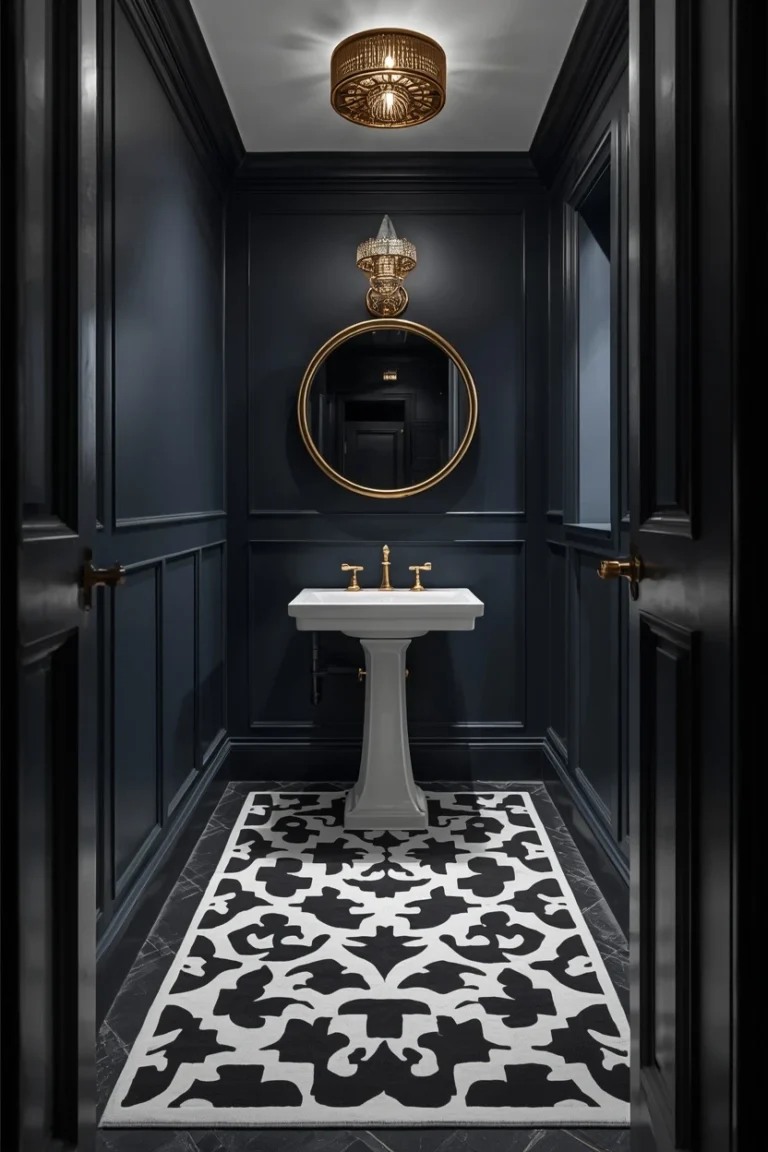 oversized square bathroom rug ideas for powder room with bold black and white graphic pattern