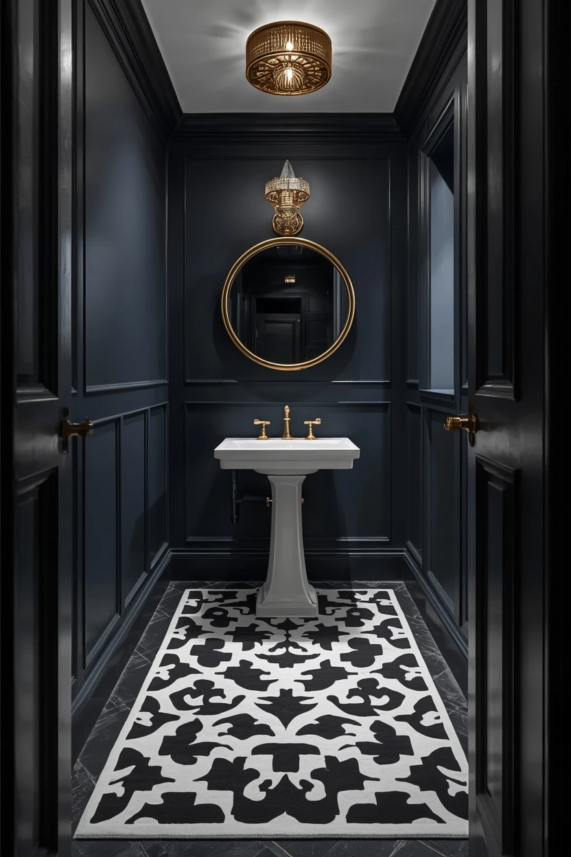 oversized square bathroom rug ideas for powder room with bold black and white graphic pattern