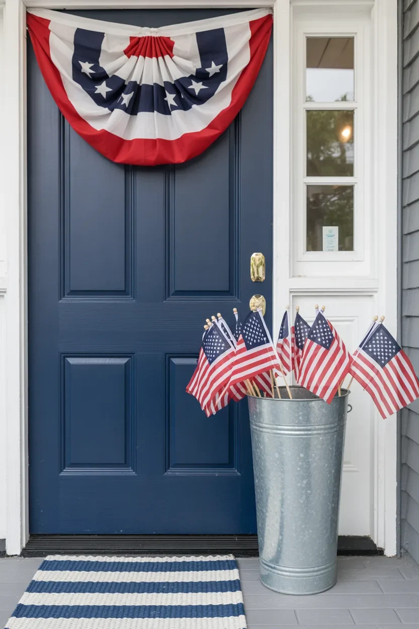 patriotic porch ideas featuring a navy blue front door with red white and blue bunting garland and American flags