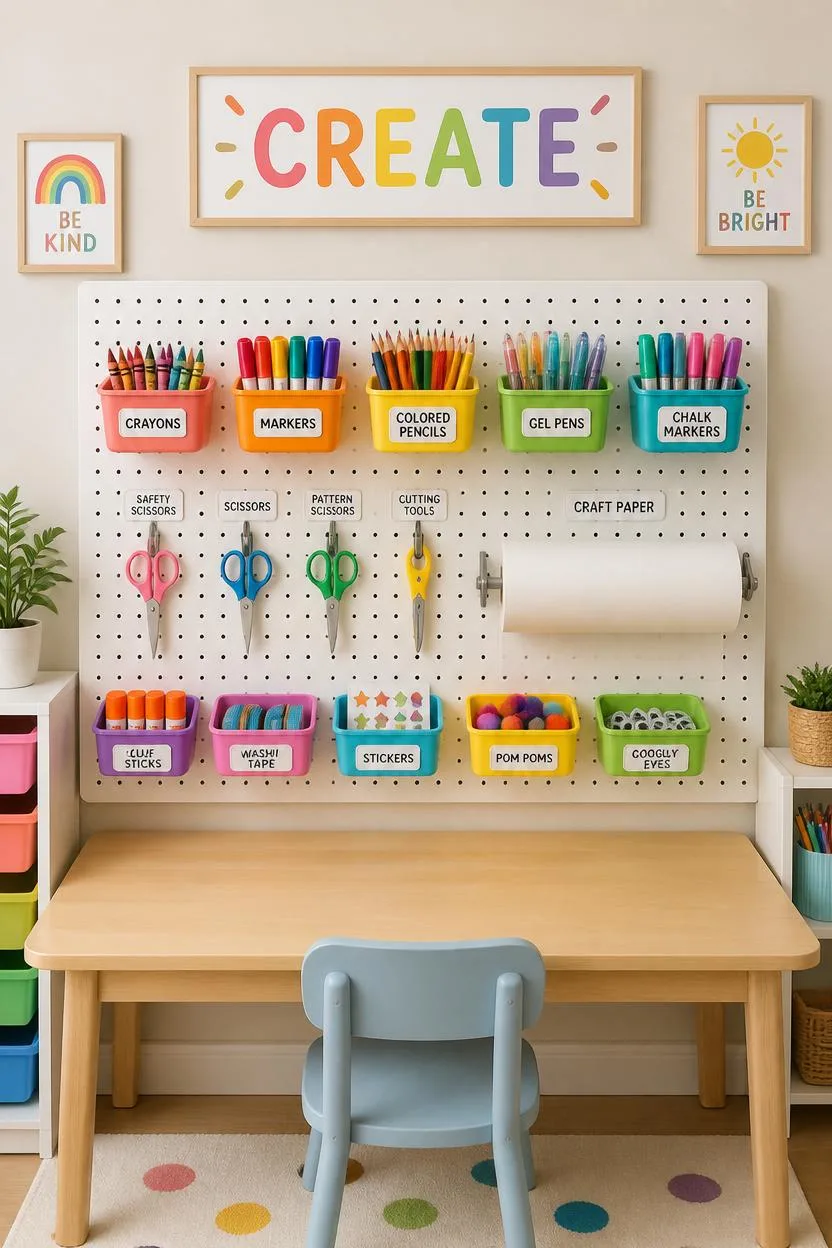 pegboard art supply organizer in a kids room as one of the best declutter kids bedroom ideas