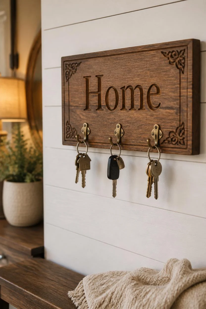 personalized wooden Home sign key holder for wall ideas with brass hooks in a warm welcoming entryway
