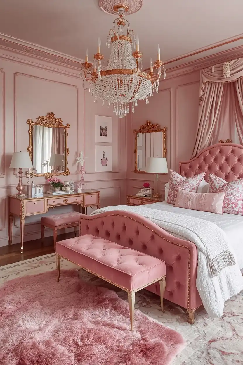 pink girly bloxburg bedroom ideas with velvet bed crystal chandelier and rose gold accents