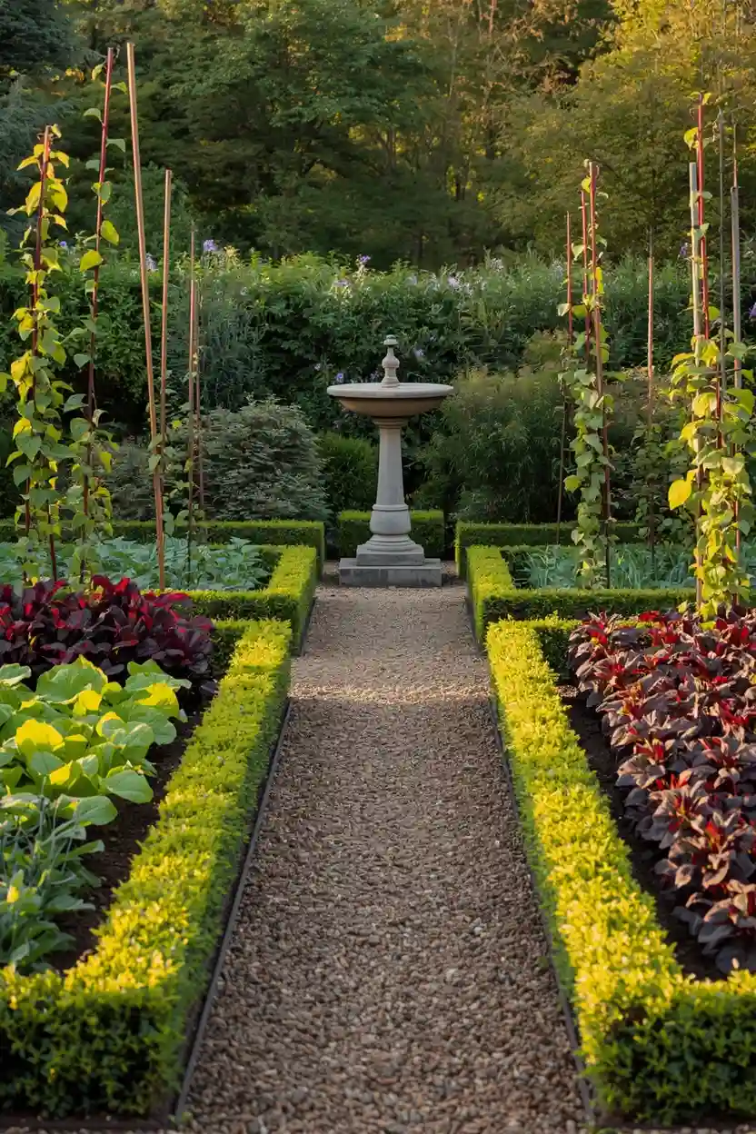potager french kitchen garden ideas with raised beds rosemary edging chard and climbing obelisks