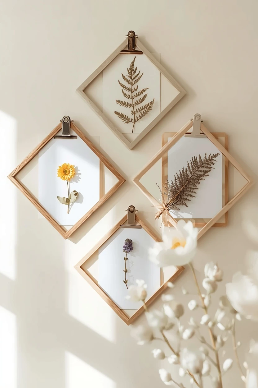 pressed flower and botanical art in mismatched frames arranged on a wall as a boho DIY wall decor idea in a minimalist room