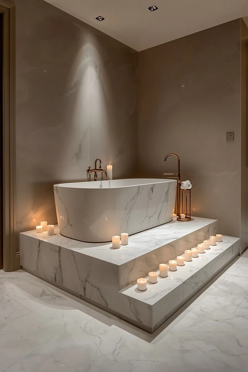 _ rectangular soaking tub set in a raised two step marble platform a dramatic and elevated bathroom tub idea for master bathrooms