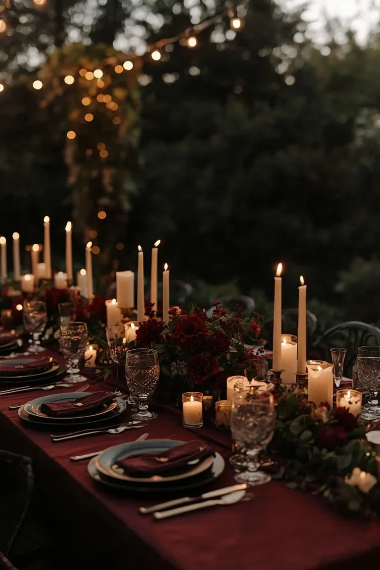romantic candlelit garden party tablescapes ideas with burgundy dahlias dark roses brass flatware matte ceramic plates and dozens of pillar candles under fairy lights at sunset