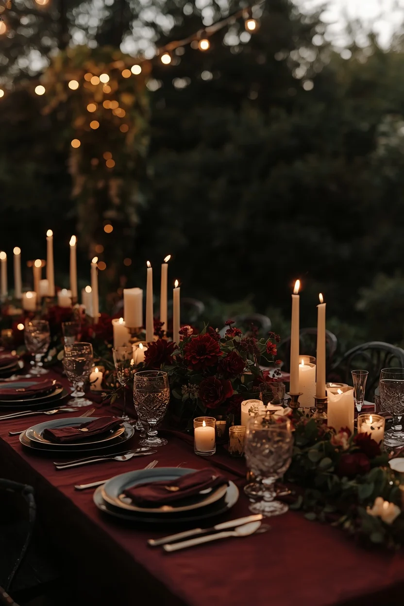 romantic candlelit garden party tablescapes ideas with burgundy dahlias dark roses brass flatware matte ceramic plates and dozens of pillar candles under fairy lights at sunset