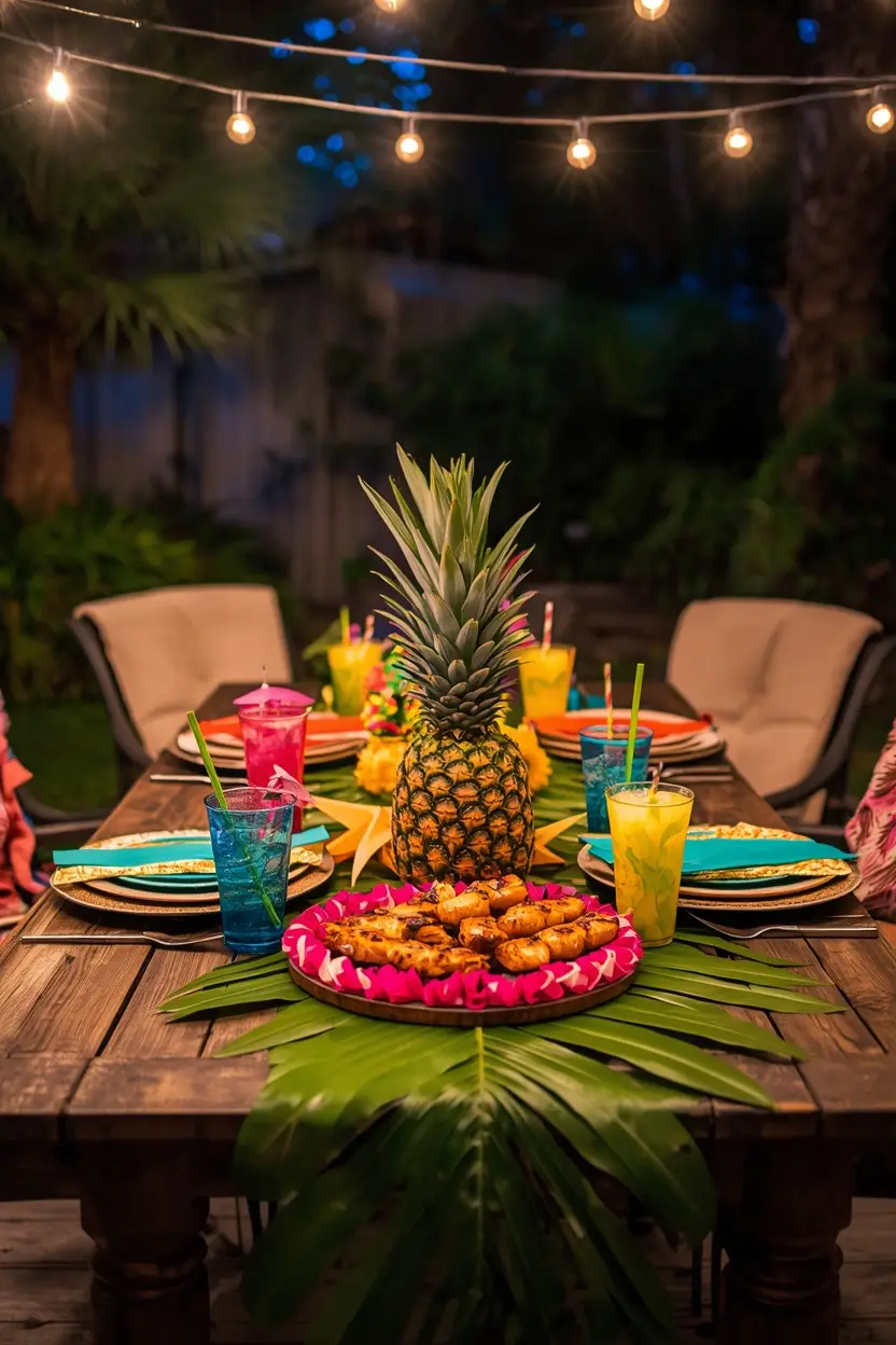 themed outdoor BBQ ideas for families with Hawaiian luau backyard dinner night setup