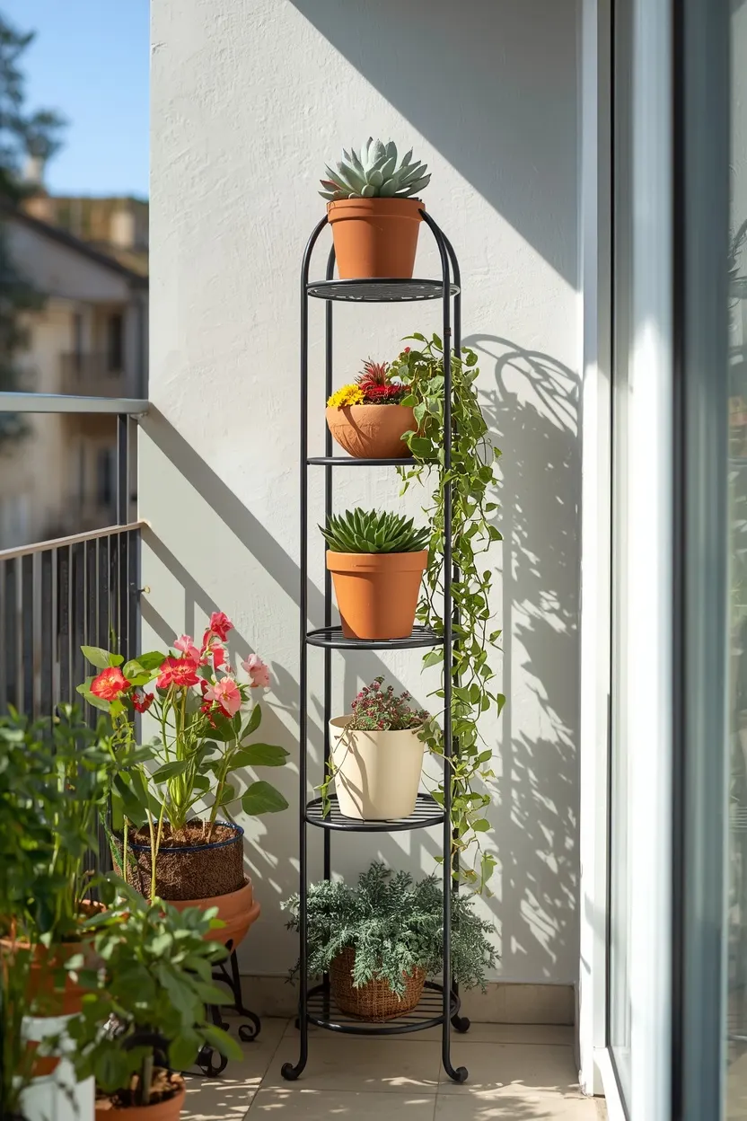 tiered metal plant stand with succulents and flowers as space-saving small balcony garden ideas