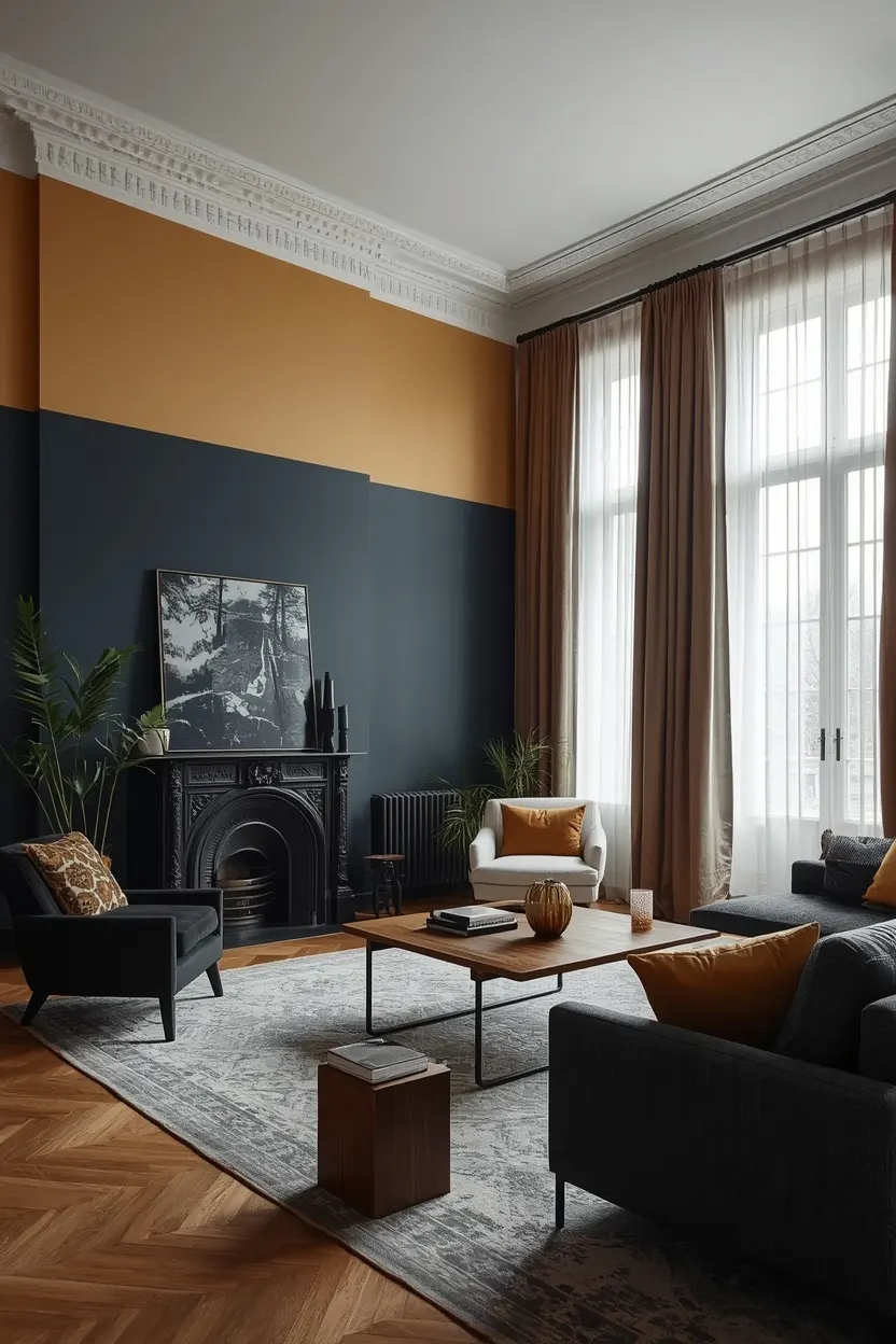 two tone slate blue and white walls creating proportion in high ceiling living room ideas