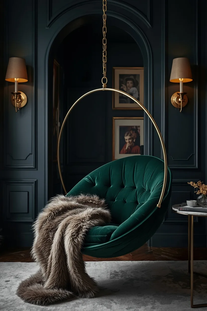 velvet saucer hanging chair design ideas in emerald green with gold chain for glam bedroom interiors
