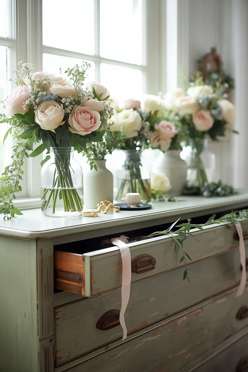 vintage dresser flower bar ideas with blush peonies and sage green furniture in cottagecore style