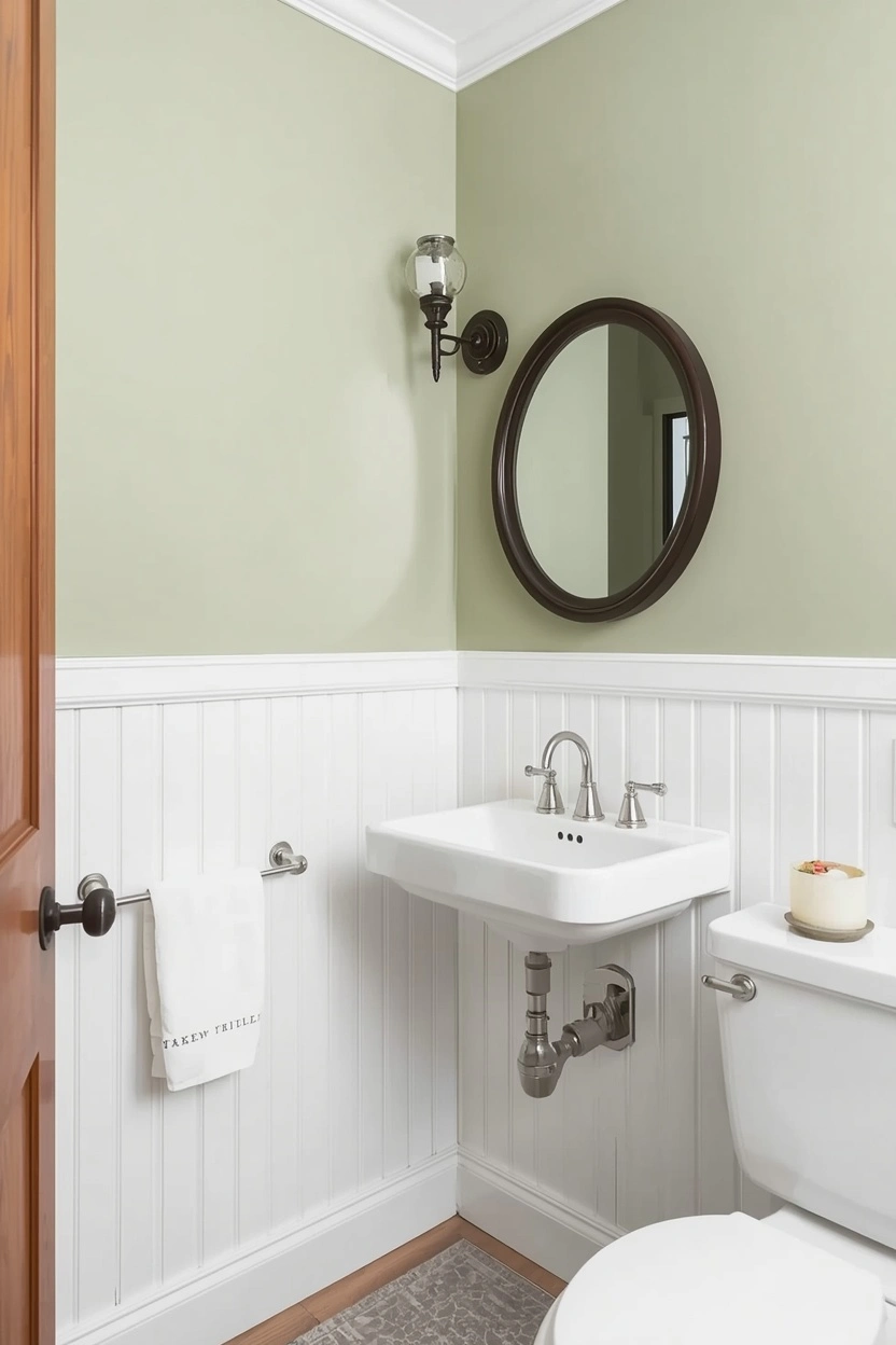 white board and batten wainscoting sage green walls bathroom renovation ideas farmhouse character