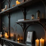 Black nouveau bedroom wall with curved arched display shelves