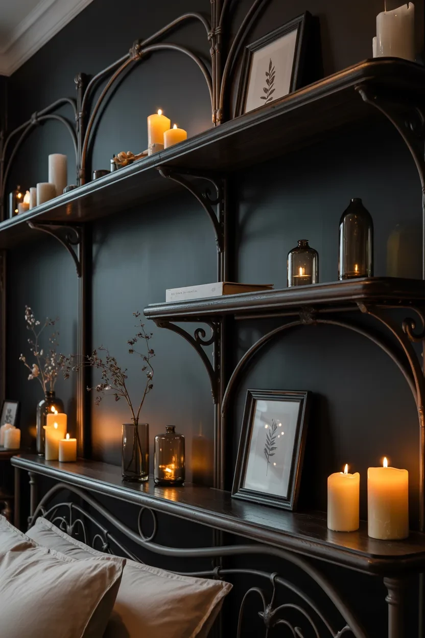 Black nouveau bedroom wall with curved arched display shelves