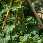 Cucumber Companion Planting Charts with vertical trellis and squash