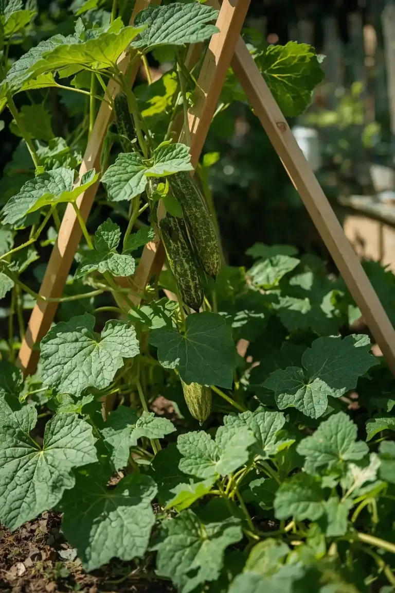 Cucumber Companion Planting Charts with vertical trellis and squash