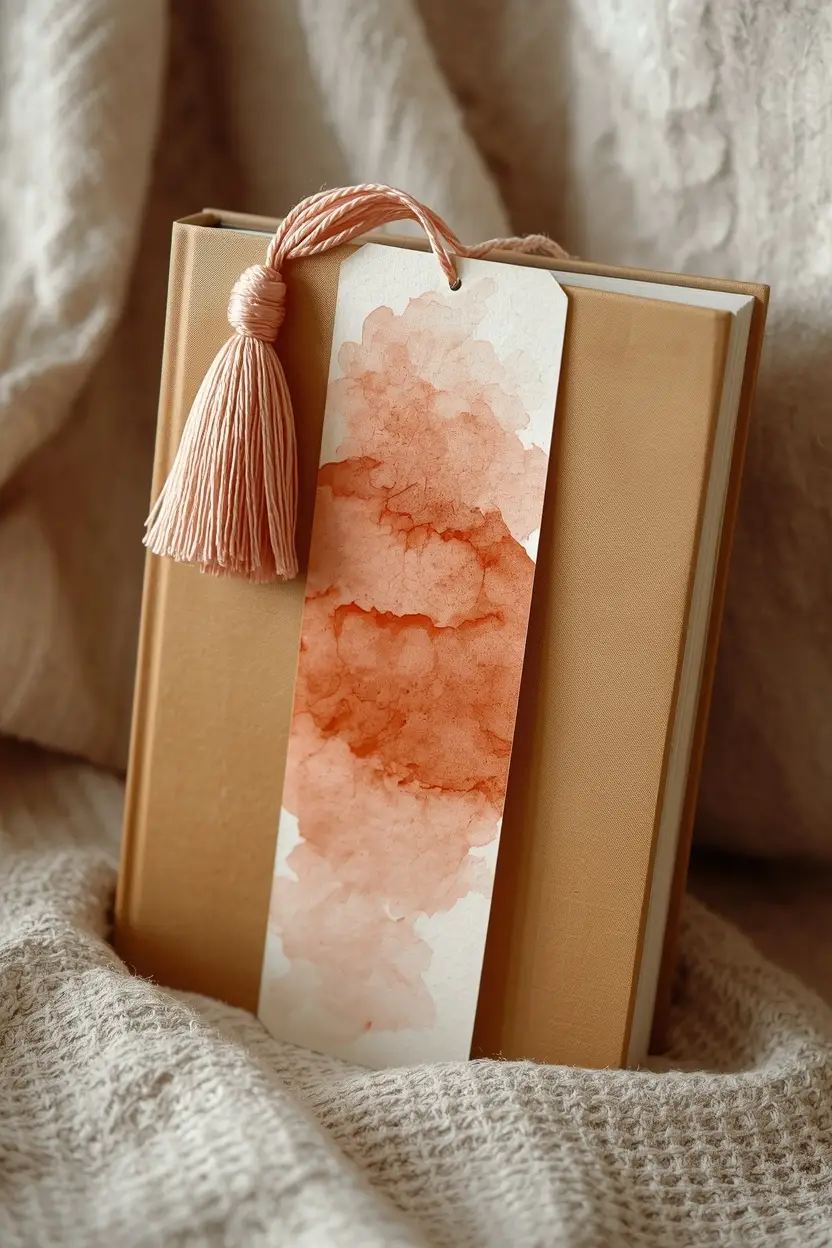 DIY Watercolour Bookmarks with tassel accent hanging from closed book