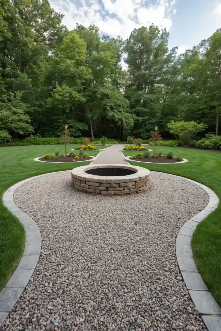 DIY fire pit landscaping design with circular shape matching curved garden path