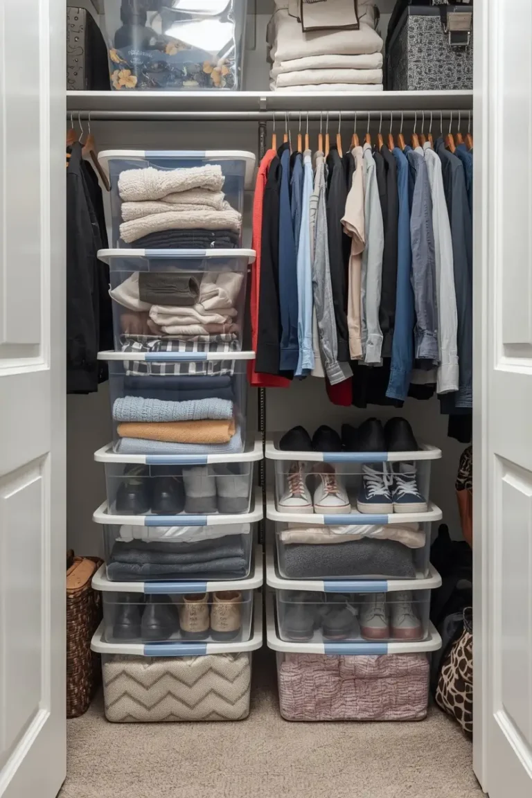 _ Dollar Tree organization hacks with stackable bins on a closet floor