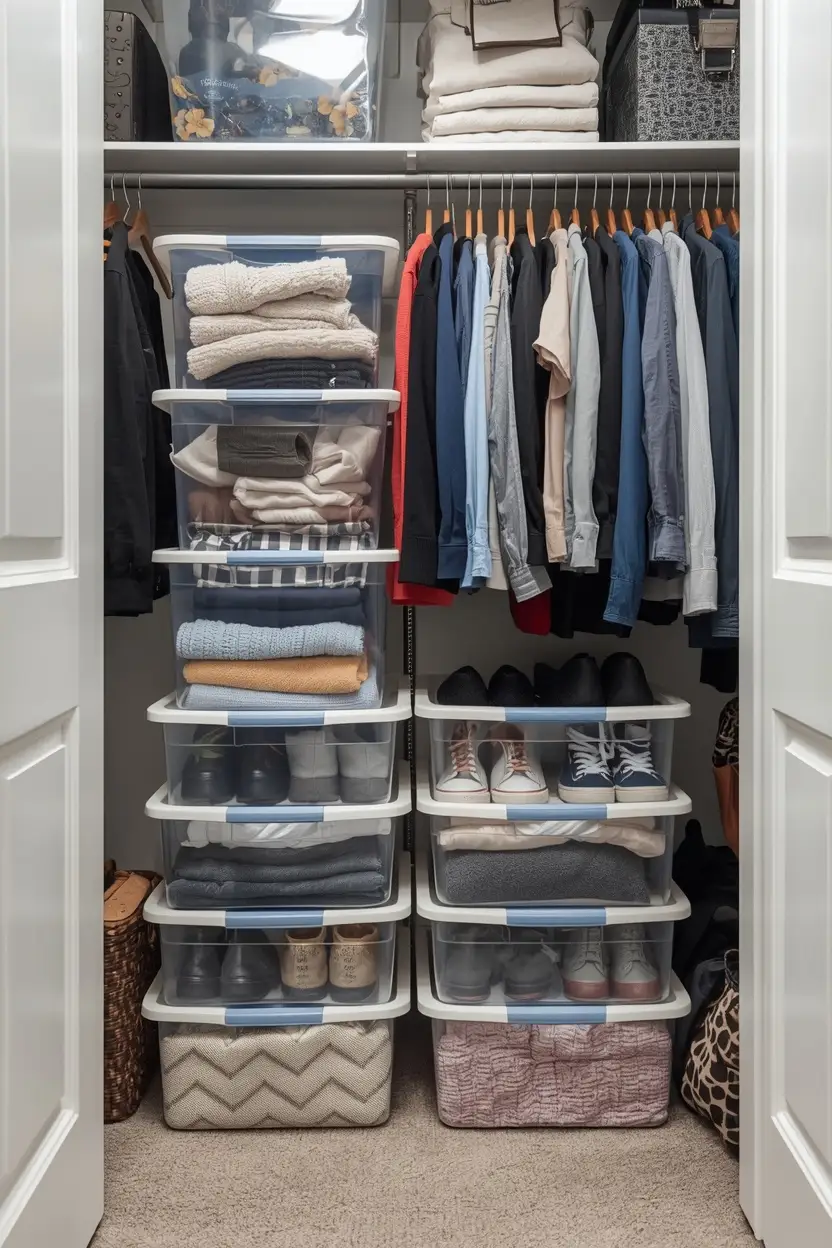_ Dollar Tree organization hacks with stackable bins on a closet floor