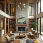 Double Height Living Room Ideas with a zoned furniture layout for a large open space