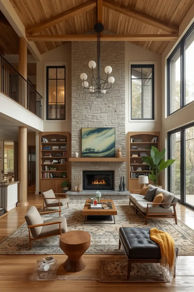 Double Height Living Room Ideas with a zoned furniture layout for a large open space