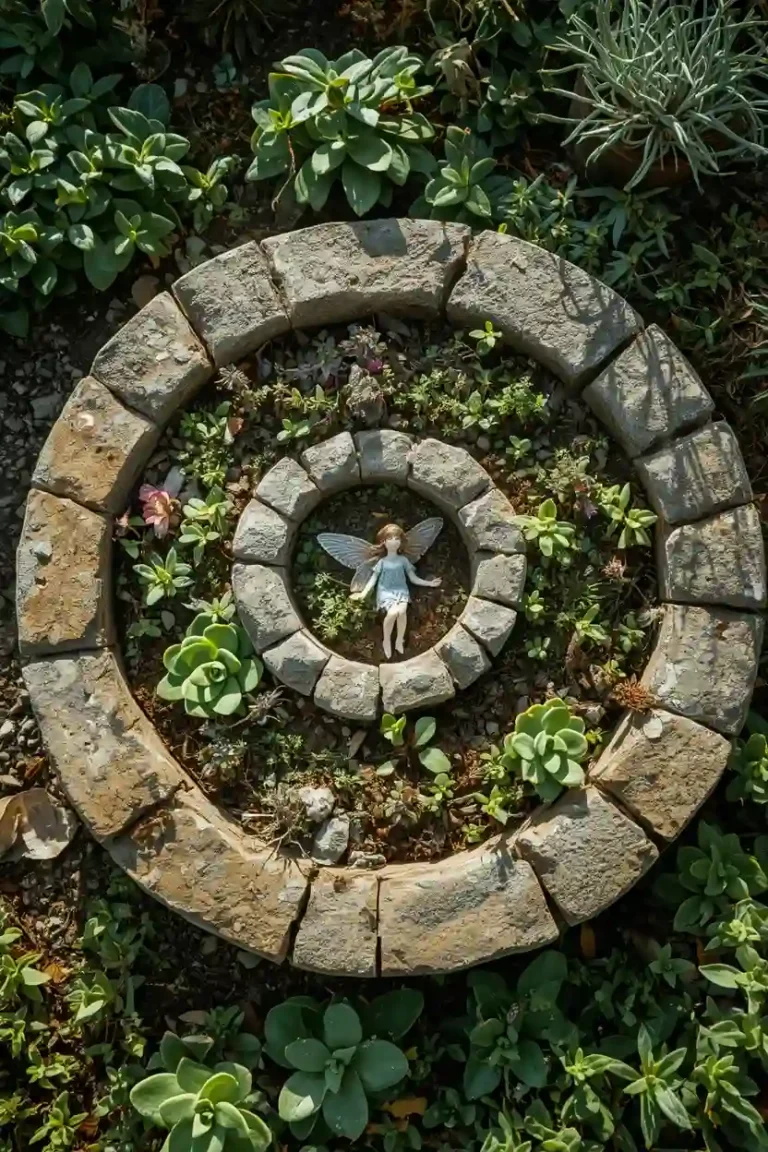 Fairy garden ideas for kids arranged in a spiral herb garden design