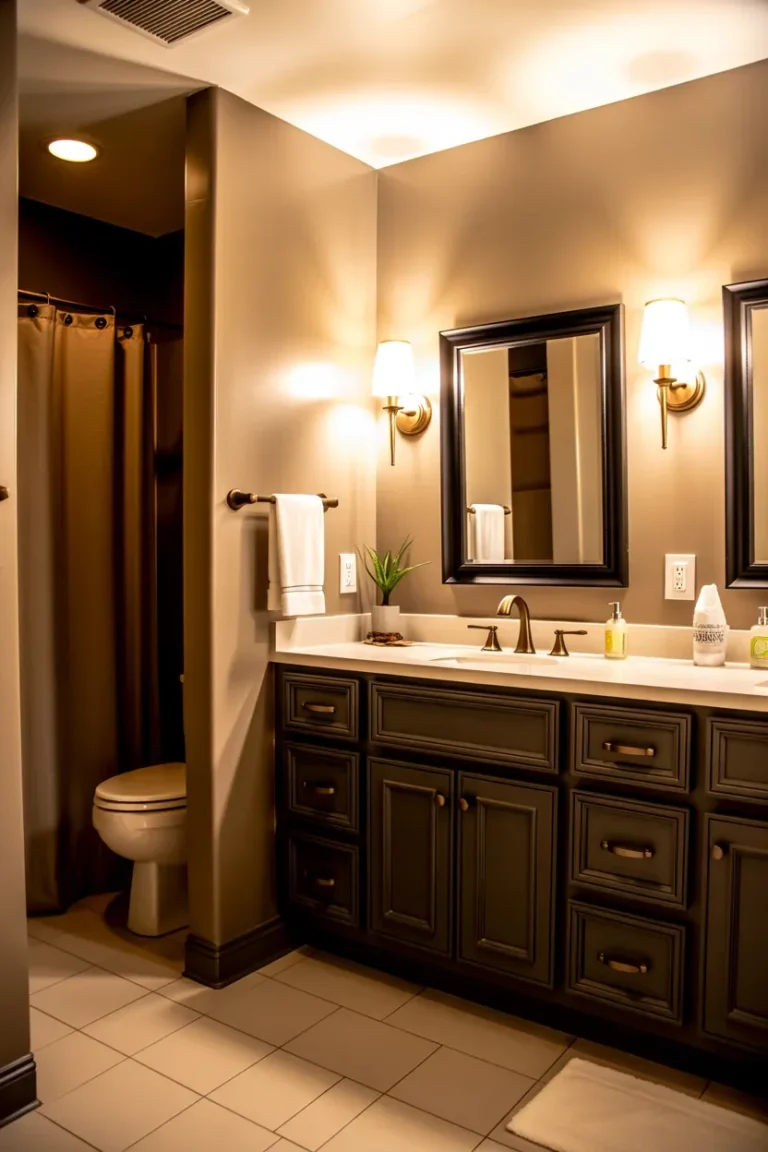 Greige walls Earth Tone Bathroom Designs with matte black accents