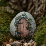 Summer Rock Painting Ideas with a fairy garden door rock at the base of a tree