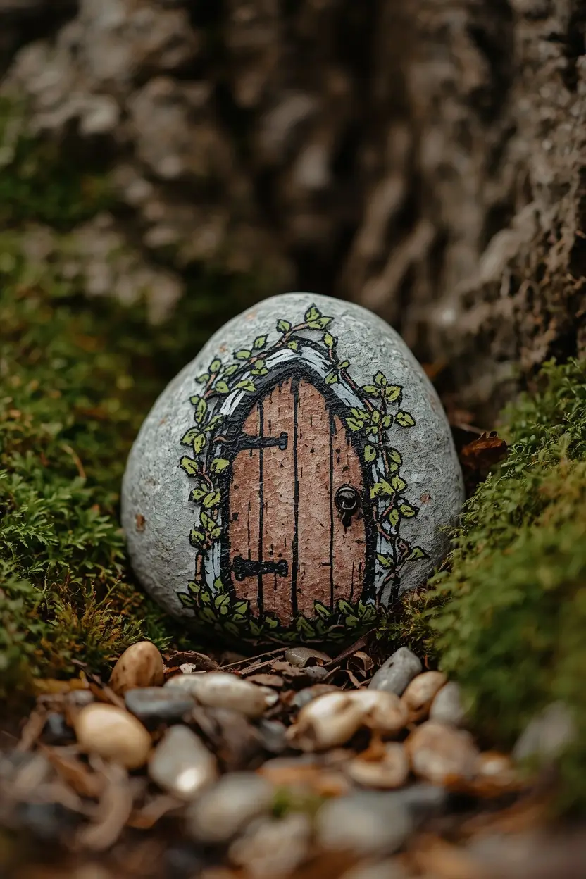 Summer Rock Painting Ideas with a fairy garden door rock at the base of a tree