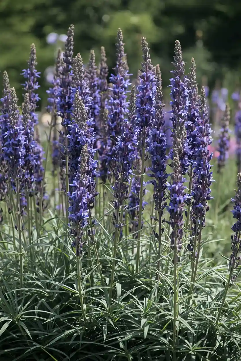 Sun Perennials Plants salvia with purple flower spikes in a garden bed