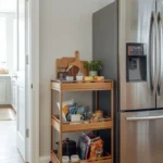 Kitchen Countertop Storage idea using a slim rolling cart for extra counter space
