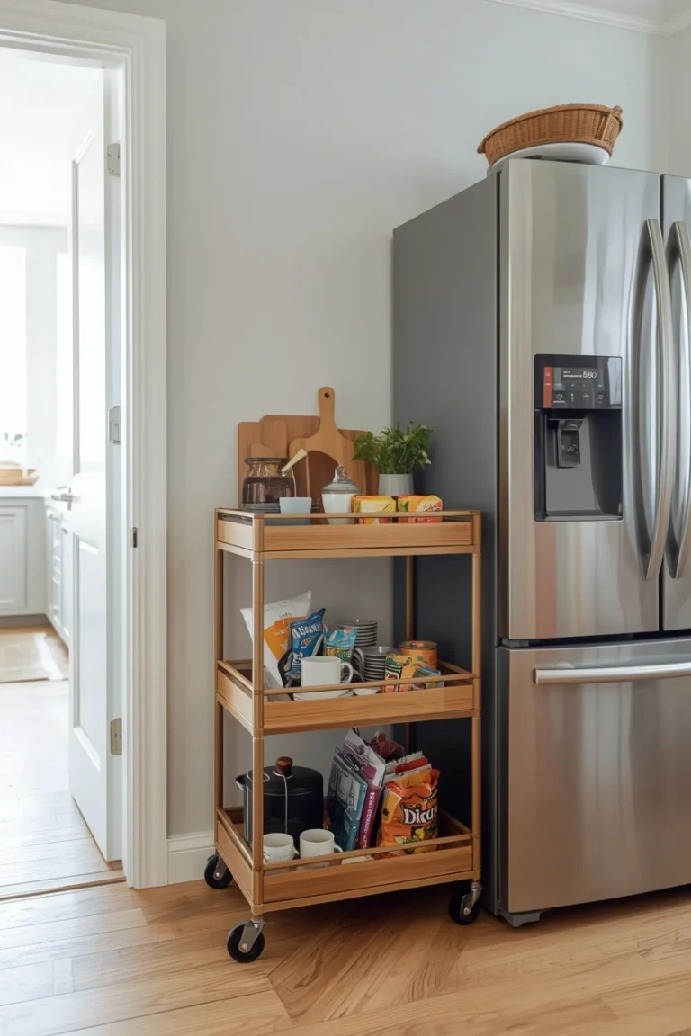 Kitchen Countertop Storage idea using a slim rolling cart for extra counter space