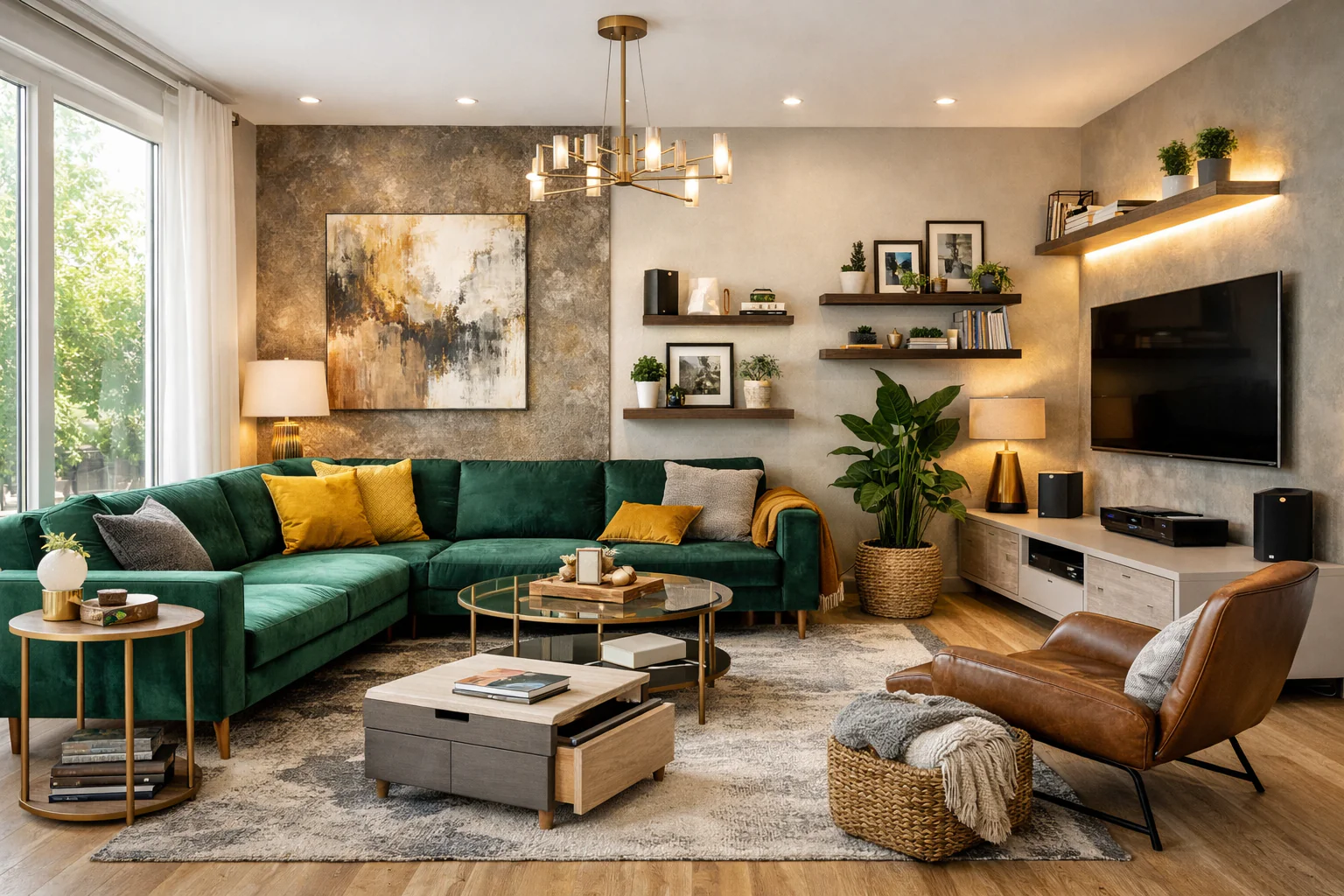 Modern living room combining minimalist, luxury, small-space solutions, bold accents, statement walls, layered lighting, mixed textures, greenery, smart technology, and personal décor touches