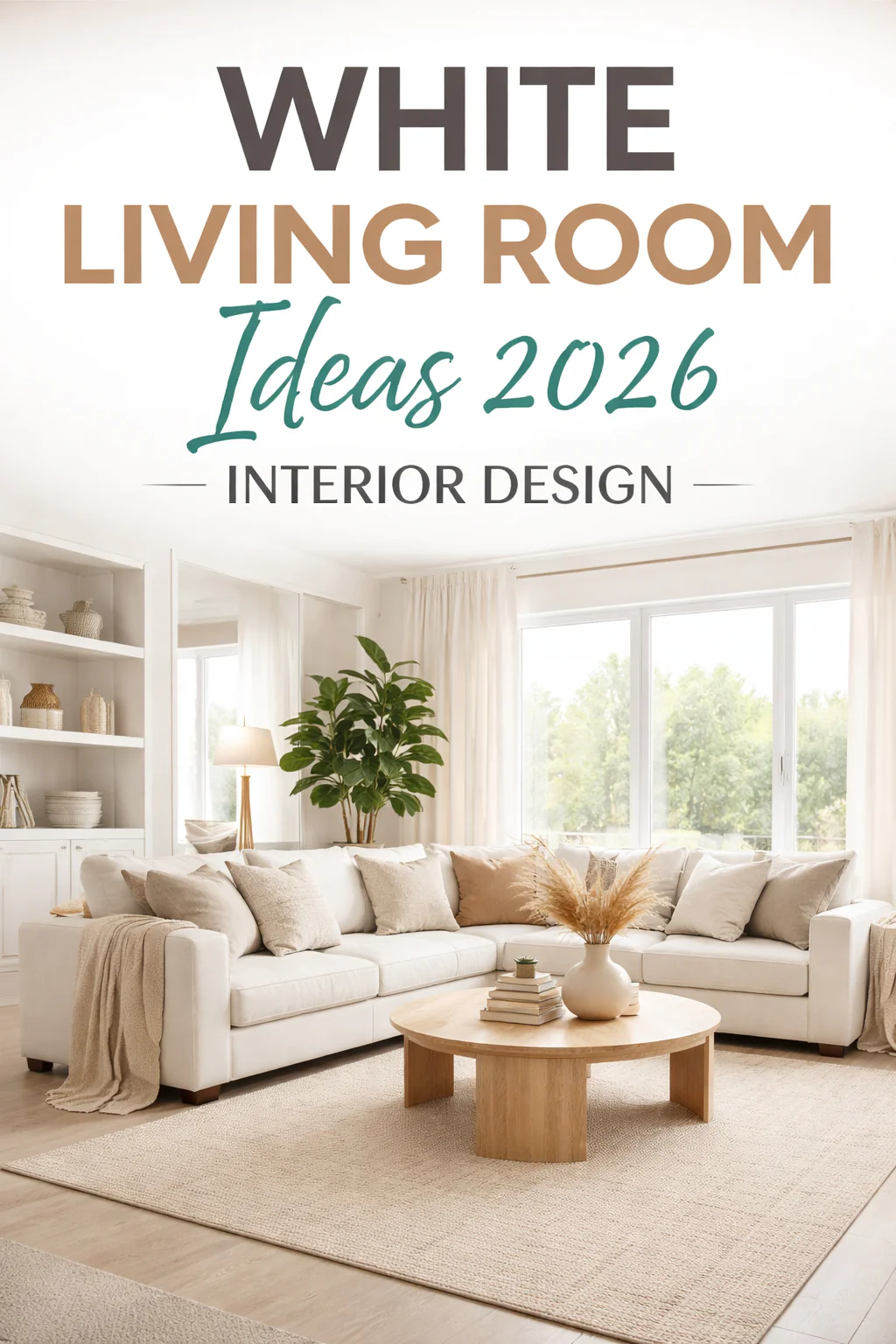 White living room with personal decor, framed photos, neutral sofa, cozy lived-in interior