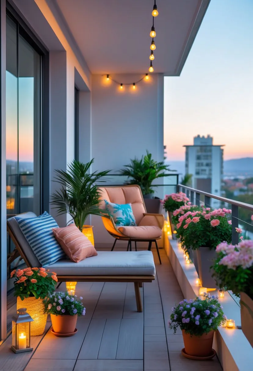 A modern apartment balcony with comfortable seating, potted plants, and soft lighting overlooking a cityscape.