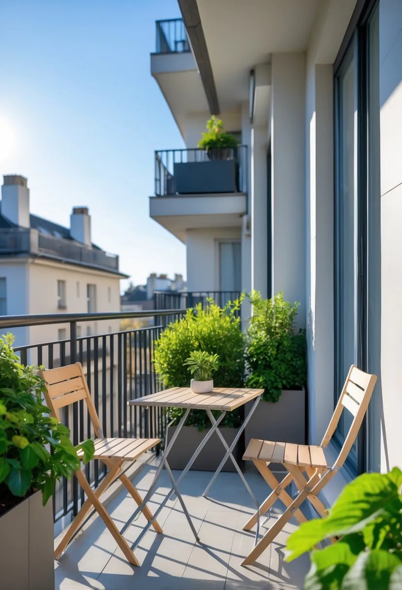 A balcony with foldable table and chairs neatly arranged alongside green plants and a city view in the background.