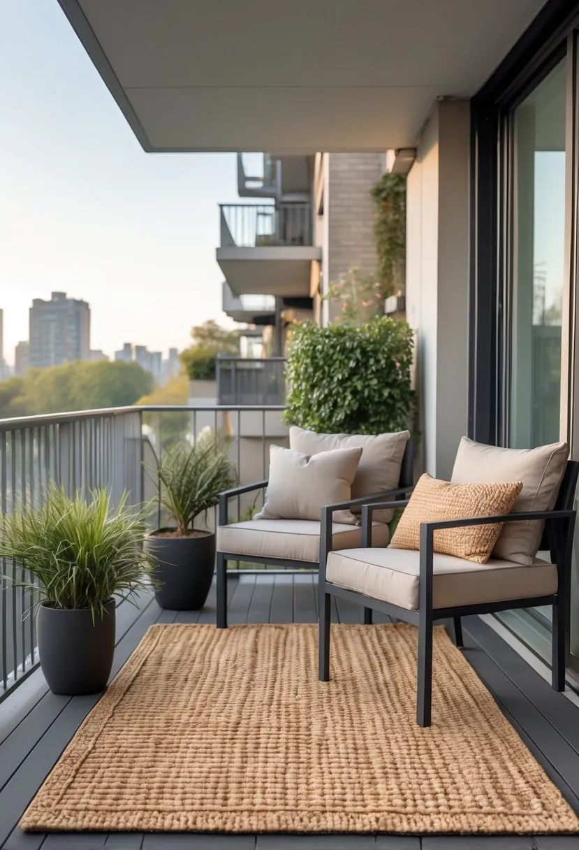 A balcony seating area with a small outdoor rug under a cushioned chair and coffee table, surrounded by plants and city views.