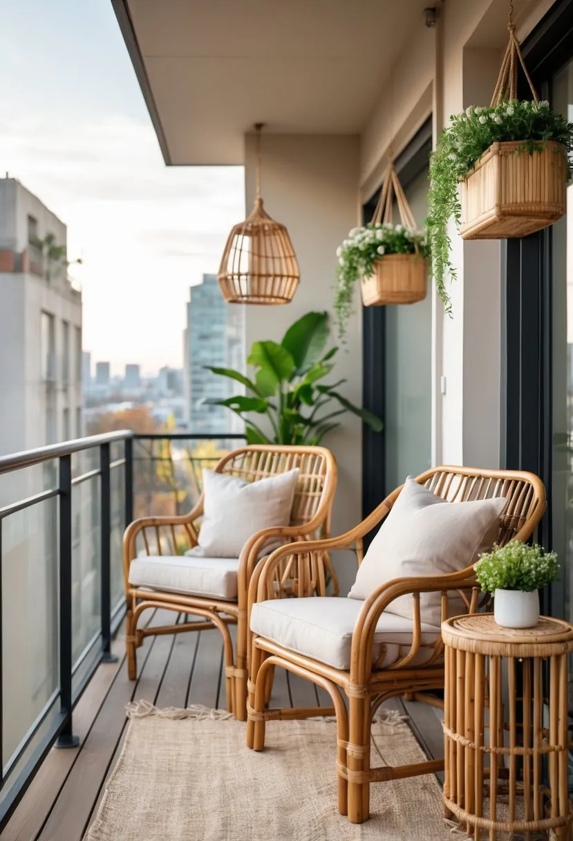 Apartment balcony with rattan armchair, bamboo side table, and green plants overlooking a cityscape.
