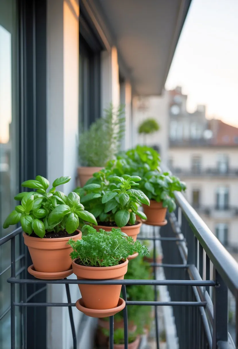 A small balcony with pots of fresh green herbs attached to metal railings overlooking a cityscape.