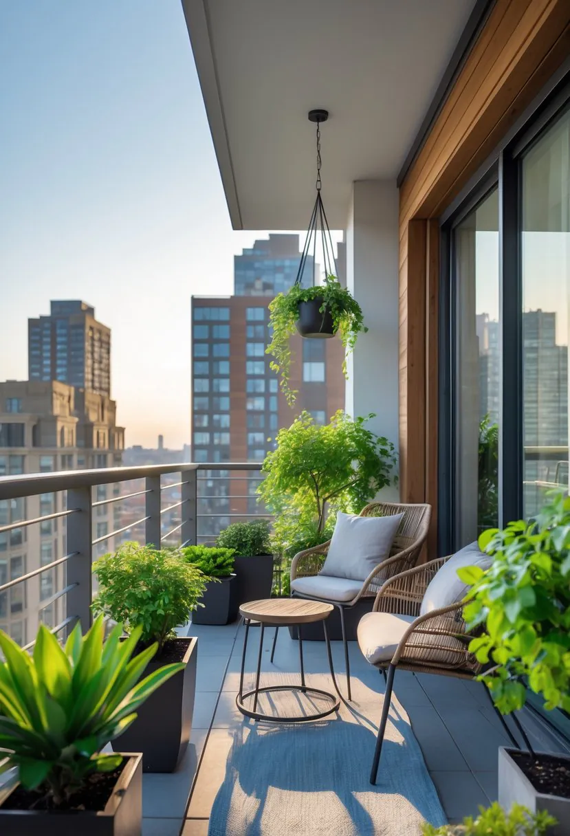 Apartment balcony with seating area, plants, and city buildings in the background.
