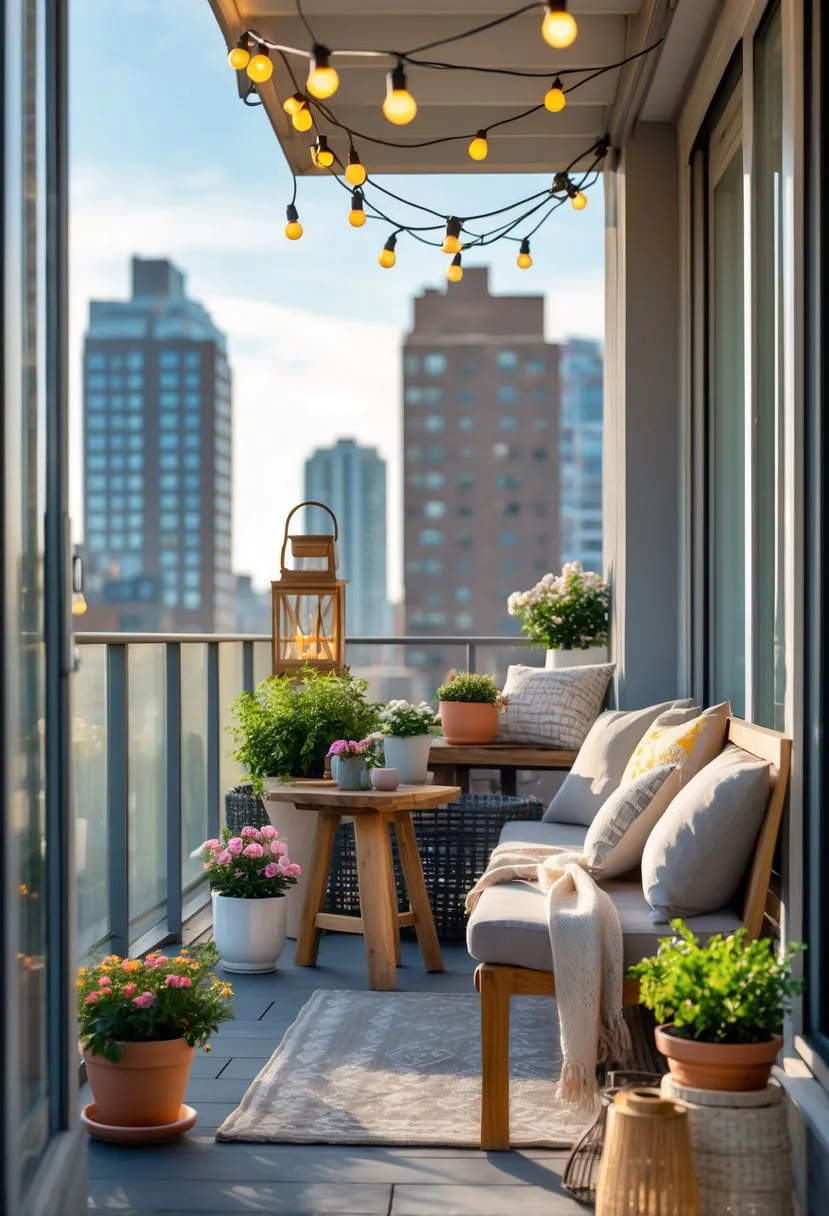 A modern apartment balcony with outdoor seating, plants, string lights, and city buildings in the background.